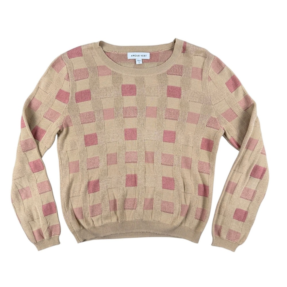 Amour Vert Sweater Womens S Beige Pink‎ Checkered Knit L/S Crew Neck Pullover